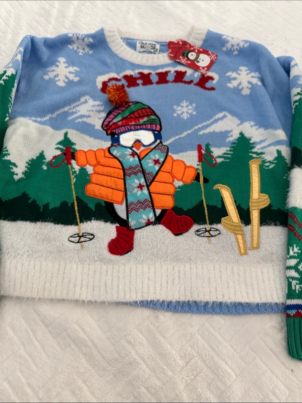 Blue & White Penguin Ski Holiday Sweater NWT size L Christmas